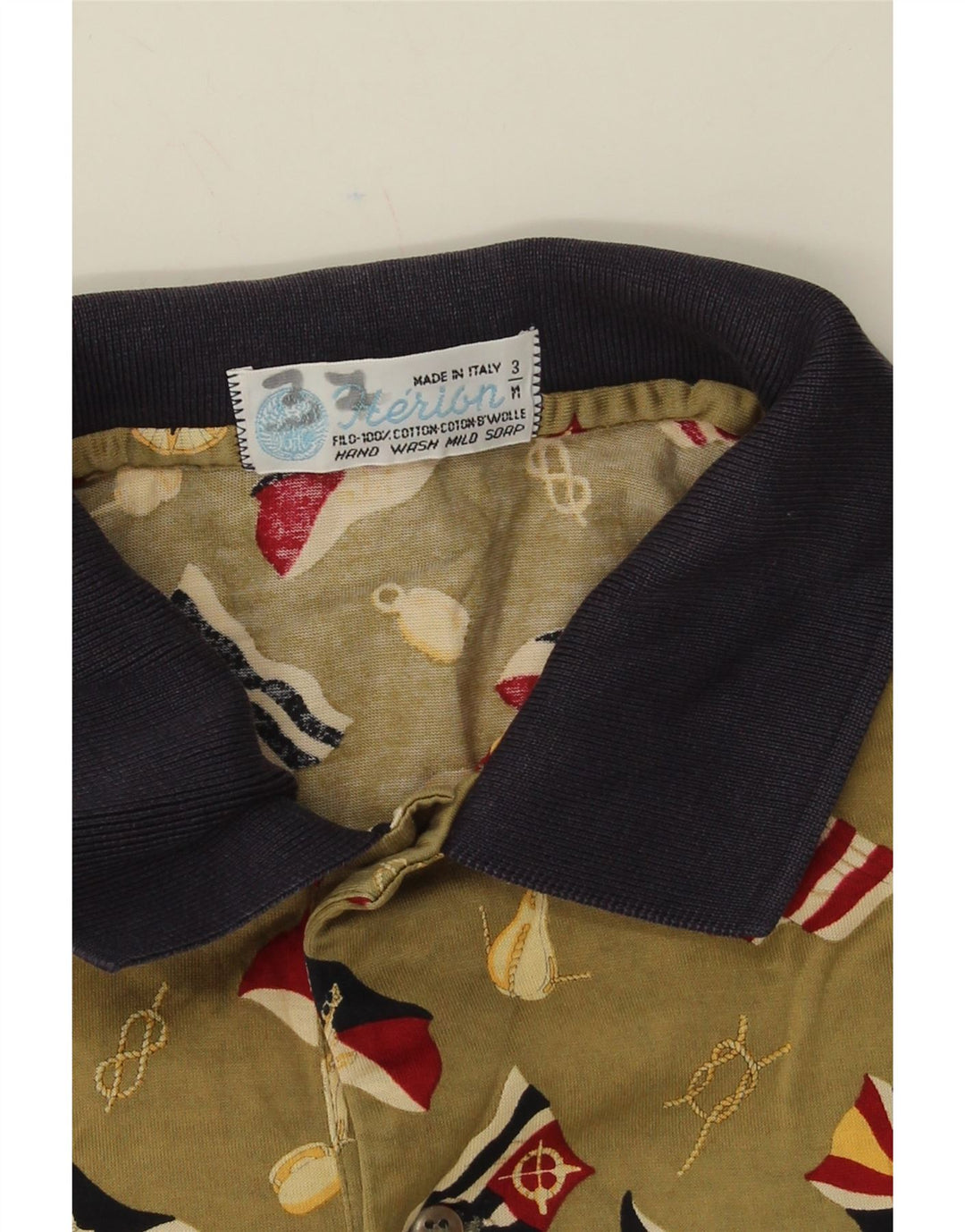 HERION Mens Abstract Pattern Polo Shirt Medium Khaki Cotton Vintage Herion and Second-Hand Herion from Messina Hembry 