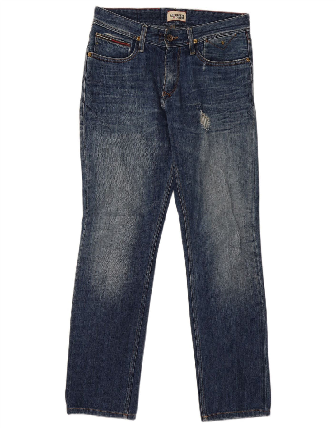 TOMMY HILFIGER Muške ravne traperice s oštećenjem W30 L32 Plavi pamuk