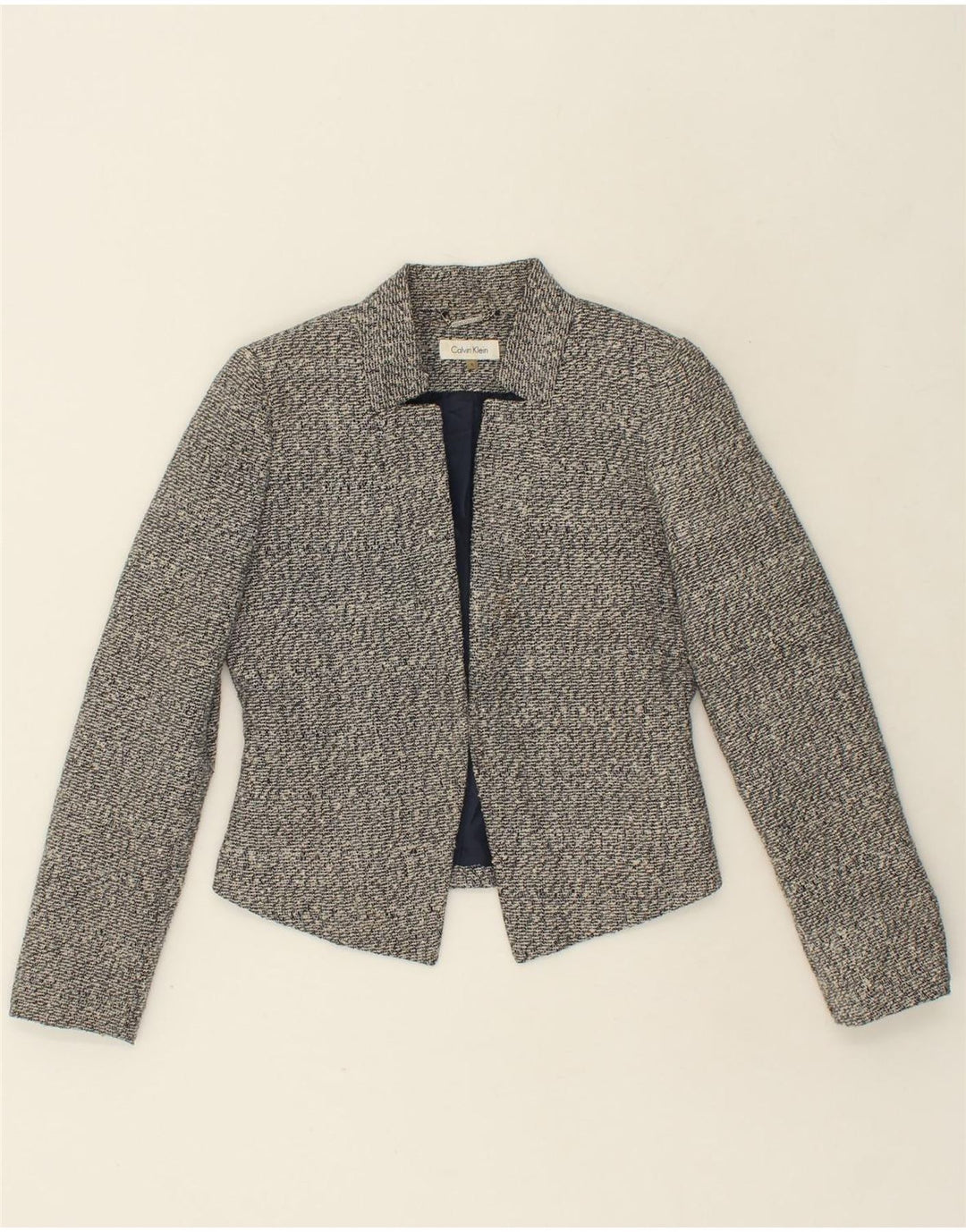 CALVIN KLEIN Womens Crop Blazer Jacket US 4 Small Grey Polyester Vintage Calvin Klein and Second-Hand Calvin Klein from Messina Hembry 