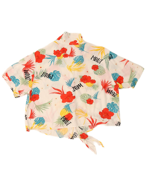 VINTAGE Ženska skraćena košulja s prednjom kravatom UK 16 Veliki bijeli cvjetni