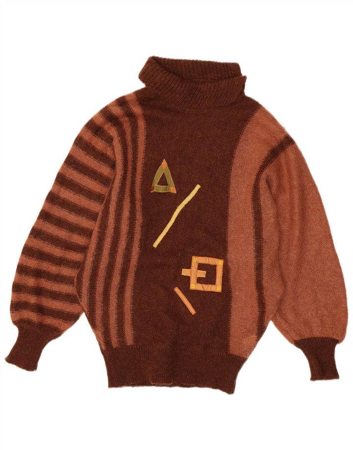 VINTAGE ženski pulover s rol izrezom UK 14 Veliki smeđi prugasti moher