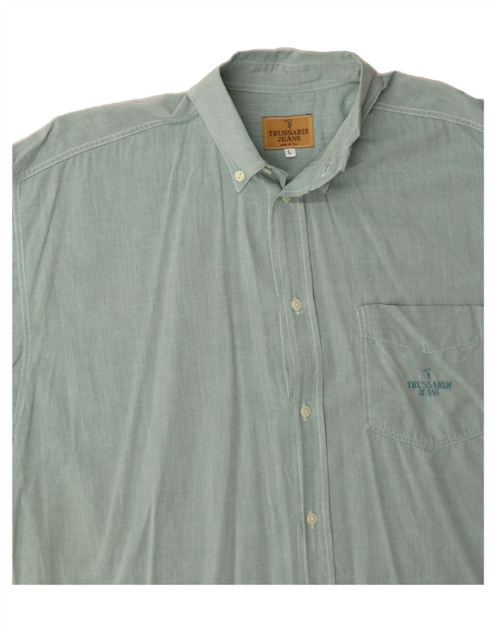 TRUSSARDI Mens Short Sleeve Shirt Large Green Cotton Vintage Trussardi and Second-Hand Trussardi from Messina Hembry 