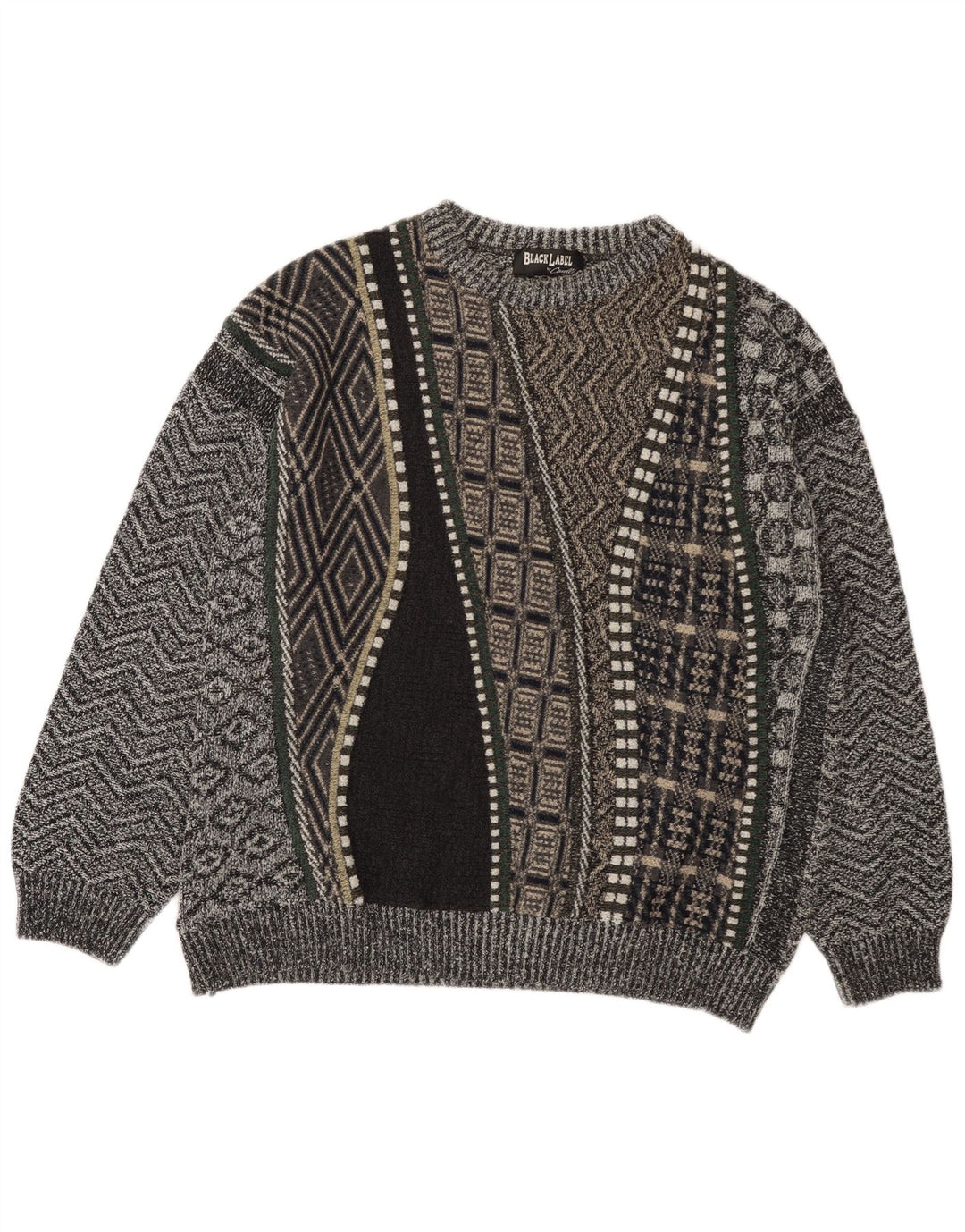Vintage muški džemper s okruglim izrezom XL siva patchwork vuna od alpake