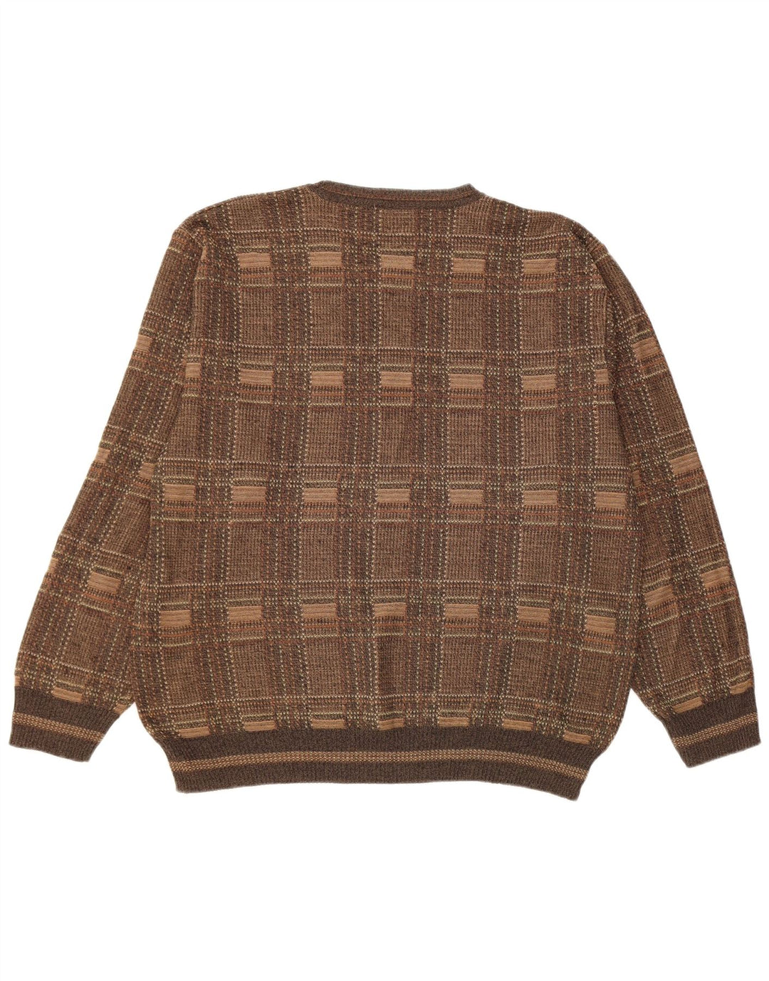 Vintage muški džemper s okruglim izrezom, veliki smeđi karirani
