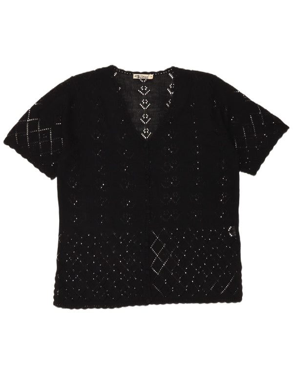 Vintage heklani ženski kardigan kratkih rukava UK 20 2XL crni pamuk