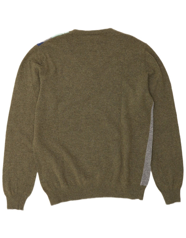 Benetton ženski džemper s V-izrezom UK 18 XL kaki argyle/dijamantna vuna
