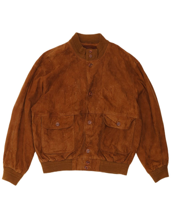 VINTAGE Mens Suede Bomber Jacket IT 58 4XL Brown Leather