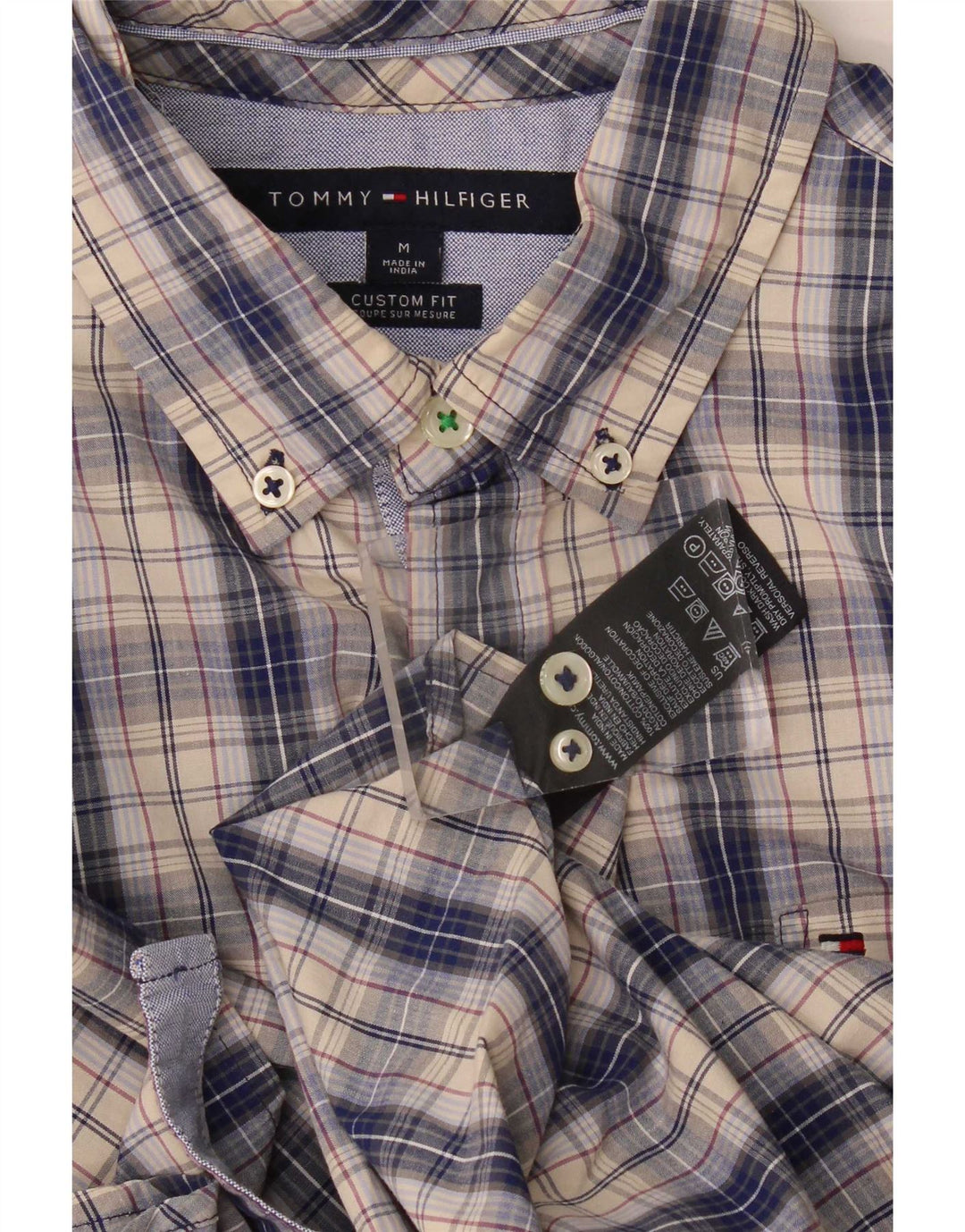 Tommy Hilfiger Mens Custom Fit Shirt Medium Blue Check Cotton
