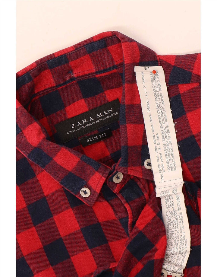Zara muška uska flanelska košulja srednje crvene boje od gingham pamuka