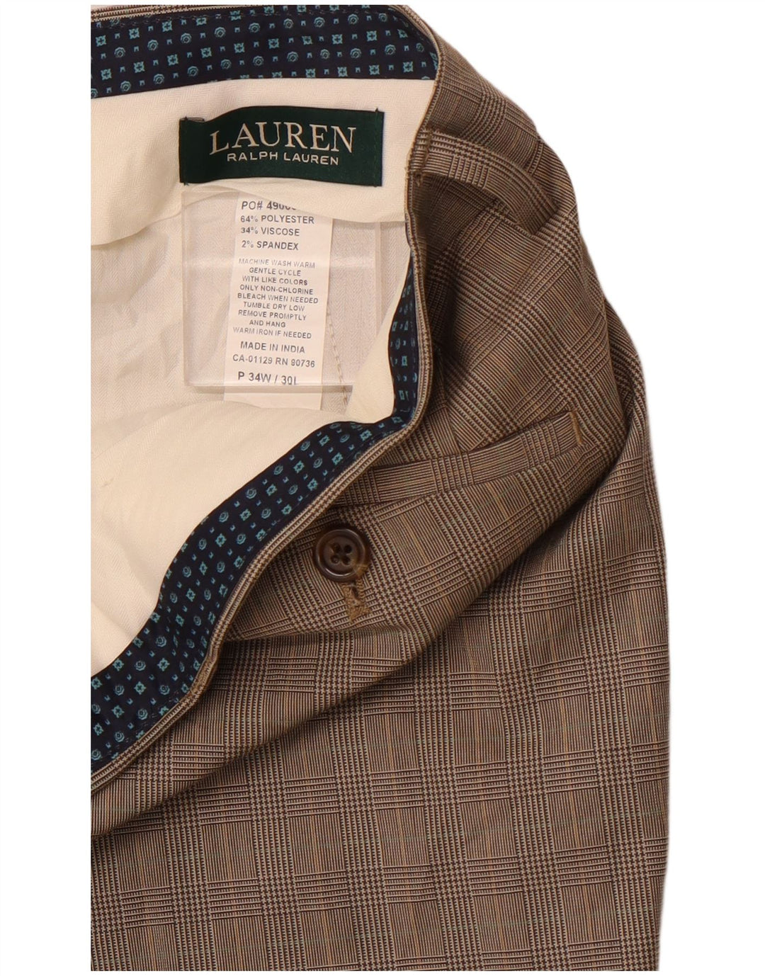 POLO RALPH LAUREN Muške hlače ravnog odijela W34 L30 Smeđe Houndstooth