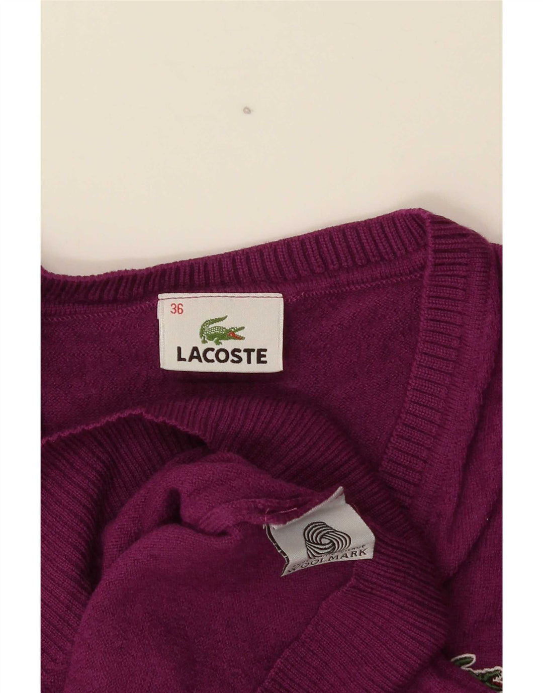 Lacoste ženski džemper s V-izrezom, veličina 36, mali ljubičasti vuneni
