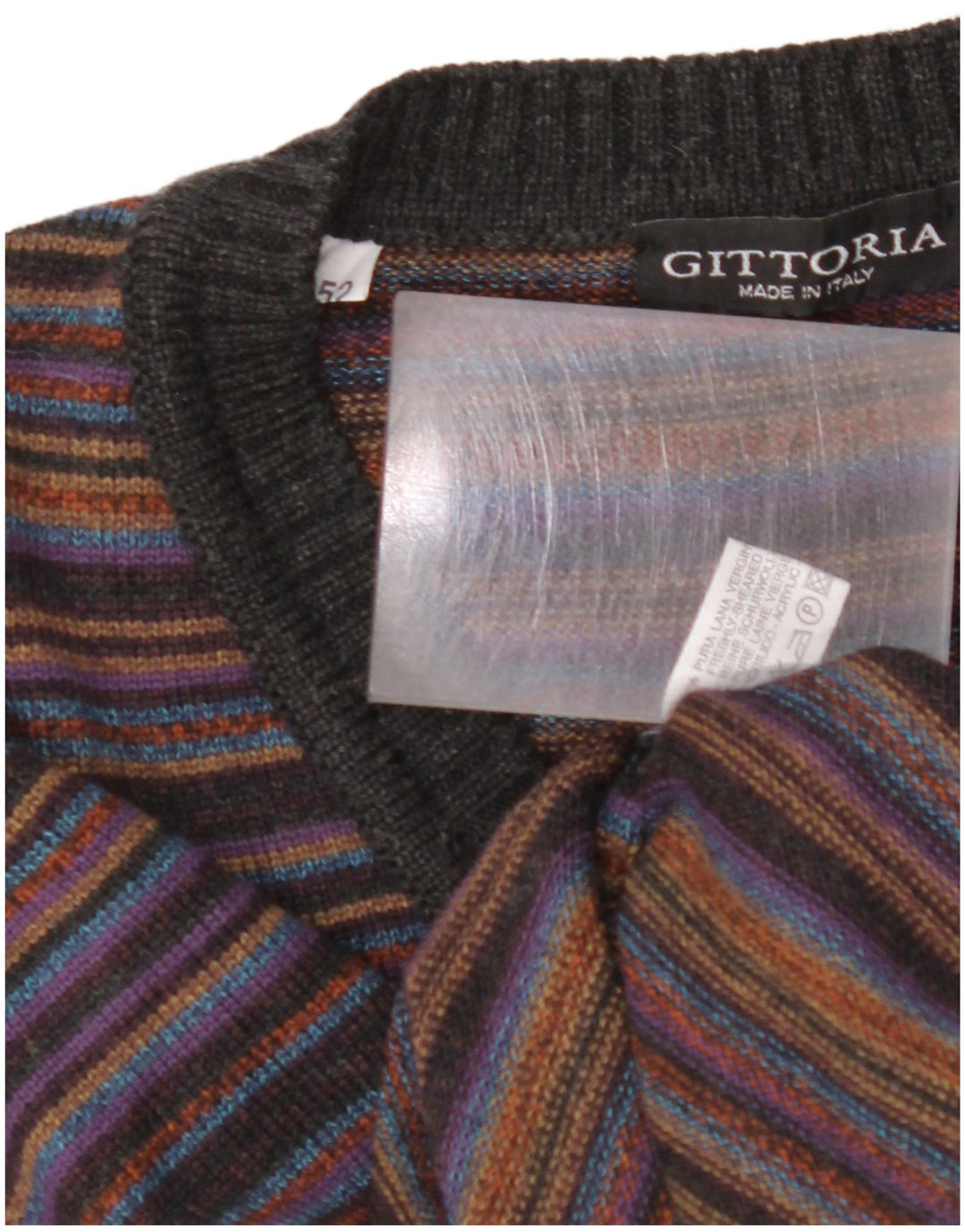 VINTAGE muški džemper s V-izrezom IT 52 Vunene velike raznobojne pruge