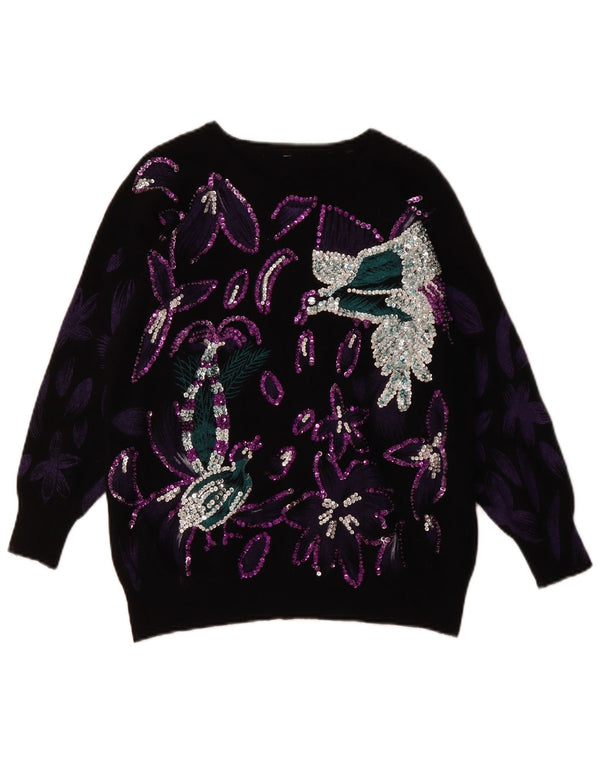 VINTAGE ženski džemper s veznim izrezom UK 14 Velika crna ptica s cvjetovima