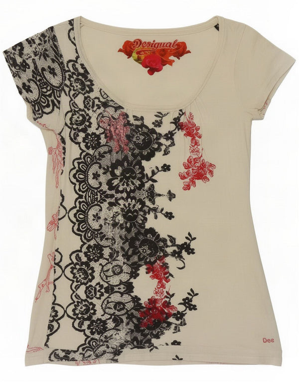 Ženska majica kratkih rukava Desigual Graphic UK 12 Medium Off White Floral Viscose