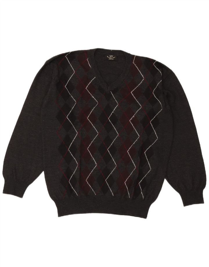 Vintage muški džemper s V-izrezom XL Siva Argyle/Dijamantna vuna