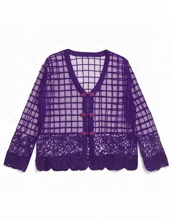 Vintage ženska prozirna košulja bluza UK 14 srednje ljubičasta geometrijska