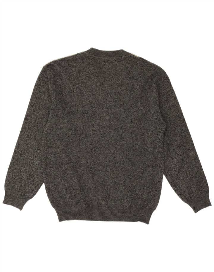 Vintage muški džemper s V-izrezom srednje sive geometrijske merino vune