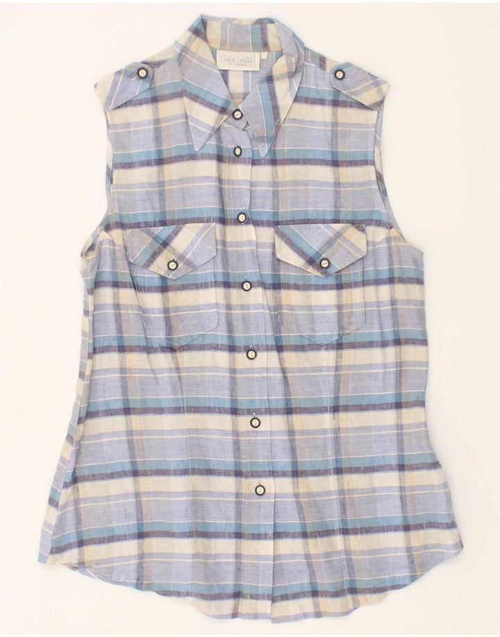VINTAGE Womens Sleeveless Shirt UK 12 Medium Blue Check Linen Vintage Vintage and Second-Hand Vintage from Messina Hembry 