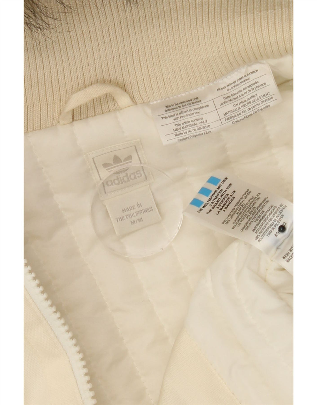 ADIDAS Womens Hooded Bomber Jacket UK 14 Medium Off White Cotton Vintage Adidas and Second-Hand Adidas from Messina Hembry 