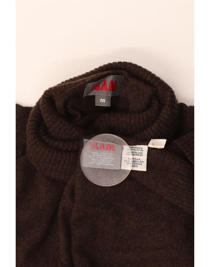 Slam muški pulover s rol izrezom srednje smeđe merino vune