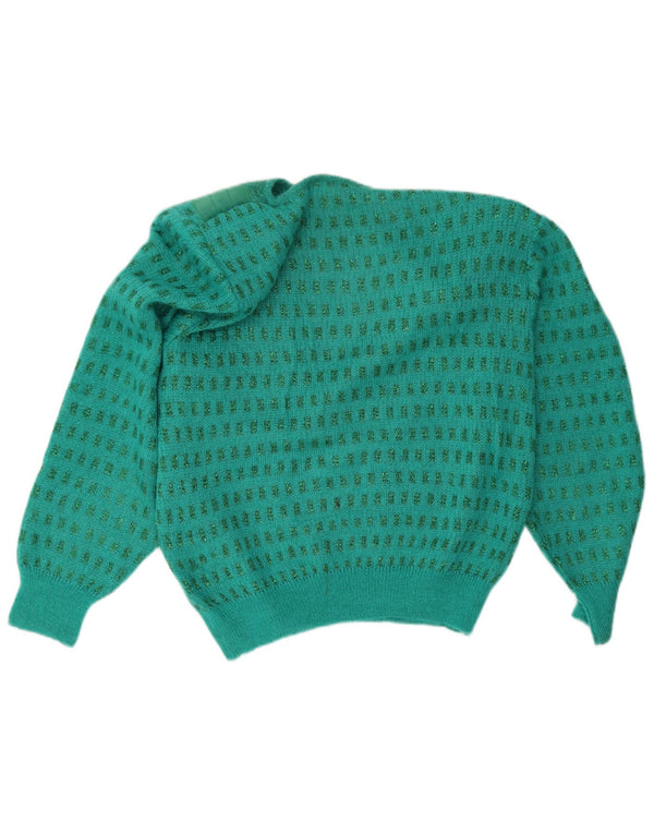 Vintage ženski džemper s brodskim izrezom UK 16 Veliki zeleni geometrijski retro