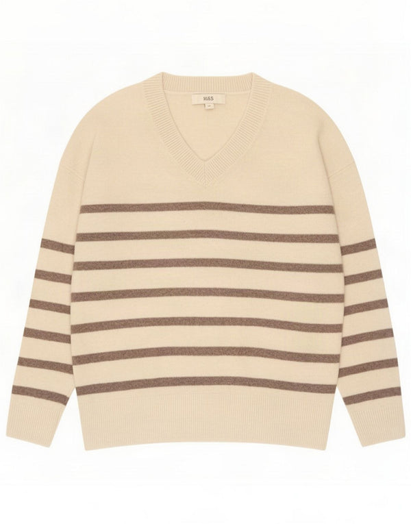 Marks & Spencer ženski džemper s V-izrezom UK 14 Medium Beige Striped