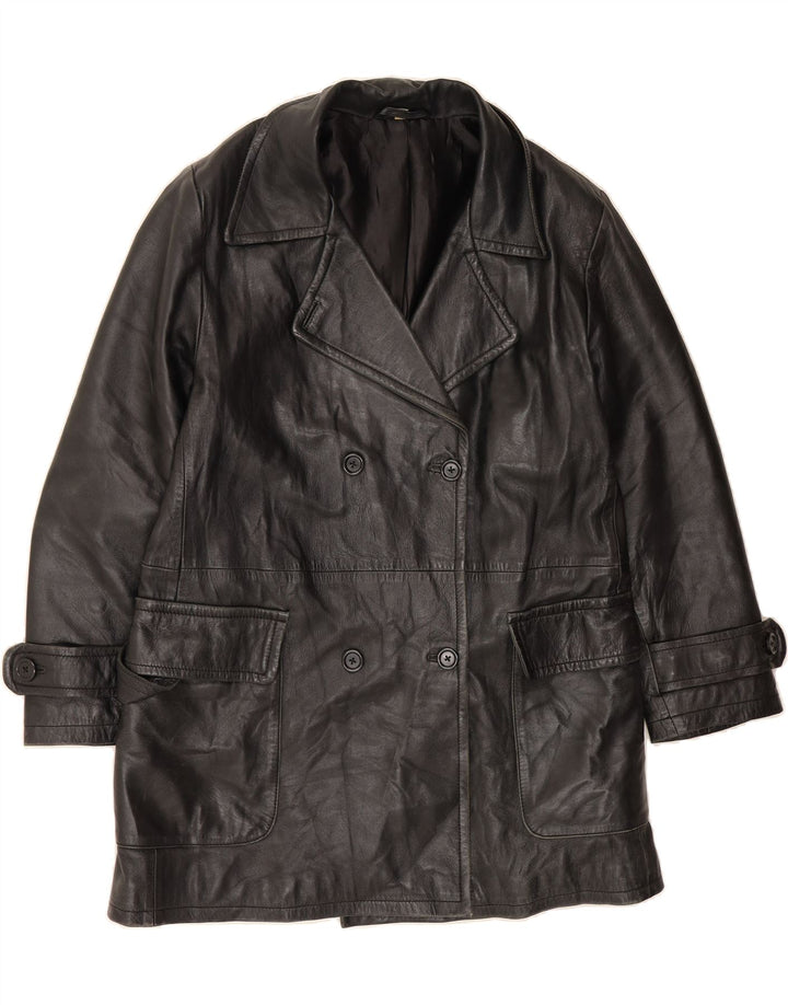 VINTAGE Womens Double Breasted Leather Coat UK 14 Medium Black Leather Vintage Vintage and Second-Hand Vintage from Messina Hembry 