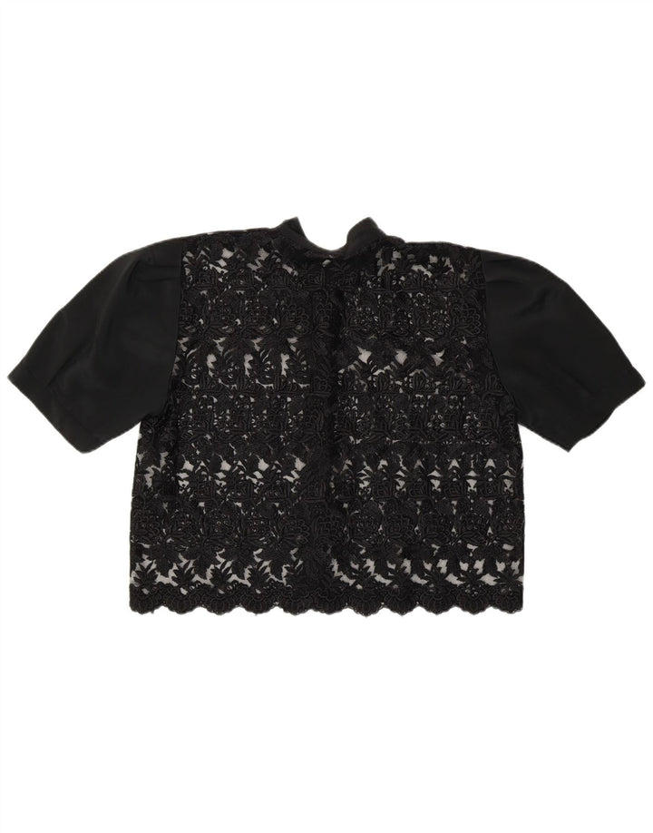 Vintage ženska kratka prozirna košulja bluza UK 14 srednje crna cvjetna