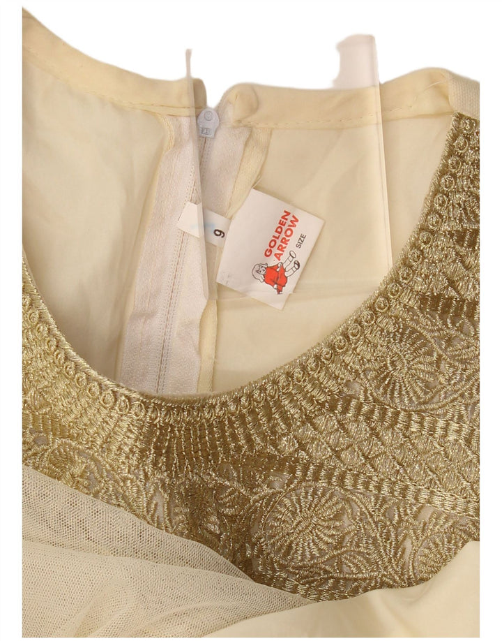 VINTAGE ženska haljina A-kroja dugih rukava US 6 srednje bež cvjetne boje