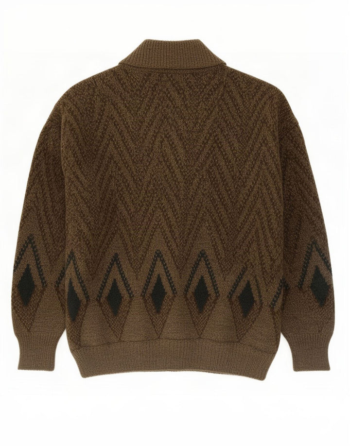 Vintage muški kardigan džemper srednje veličine kaki s geometrijskom vunom