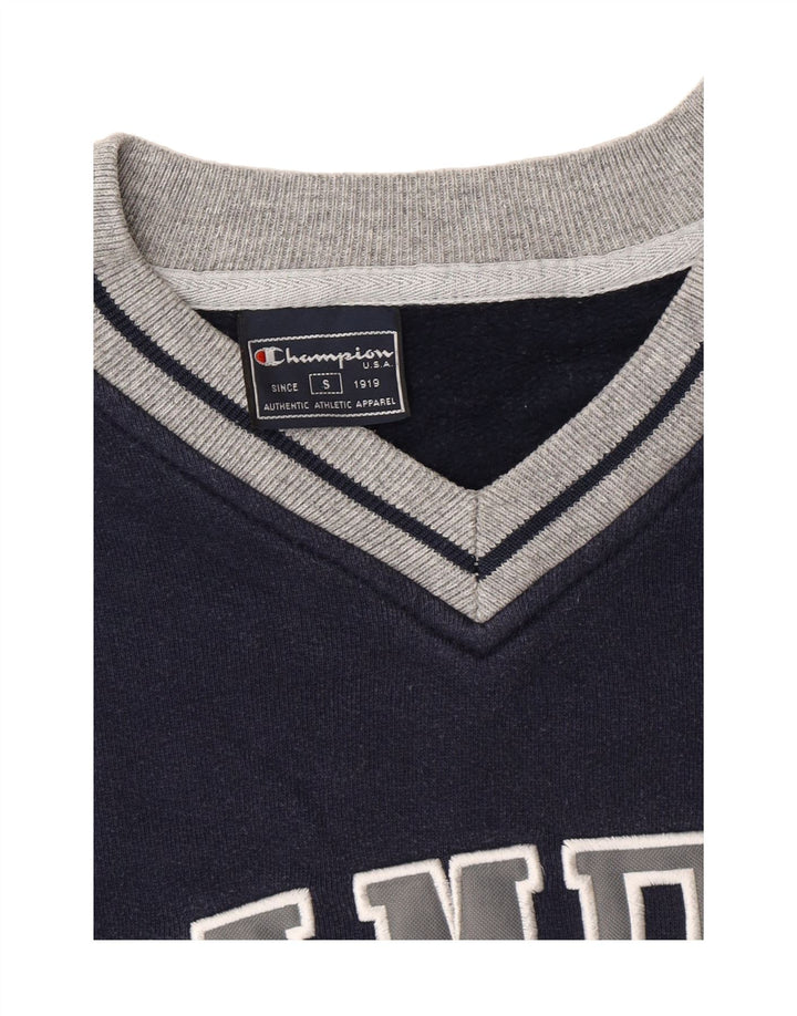 CHAMPION Mens Graphic Sweatshirt Jumper Small Navy Blue Colourblock Vintage Champion and Second-Hand Champion from Messina Hembry 