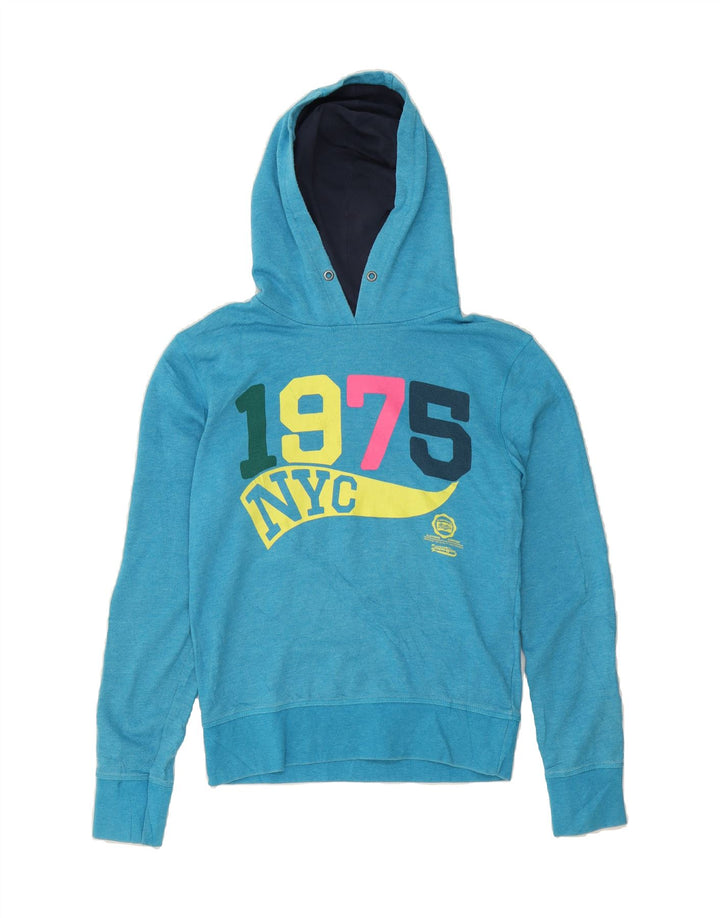 JACK & JONES Mens Graphic Hoodie Jumper Small Blue Polyester Vintage Jack & Jones and Second-Hand Jack & Jones from Messina Hembry 