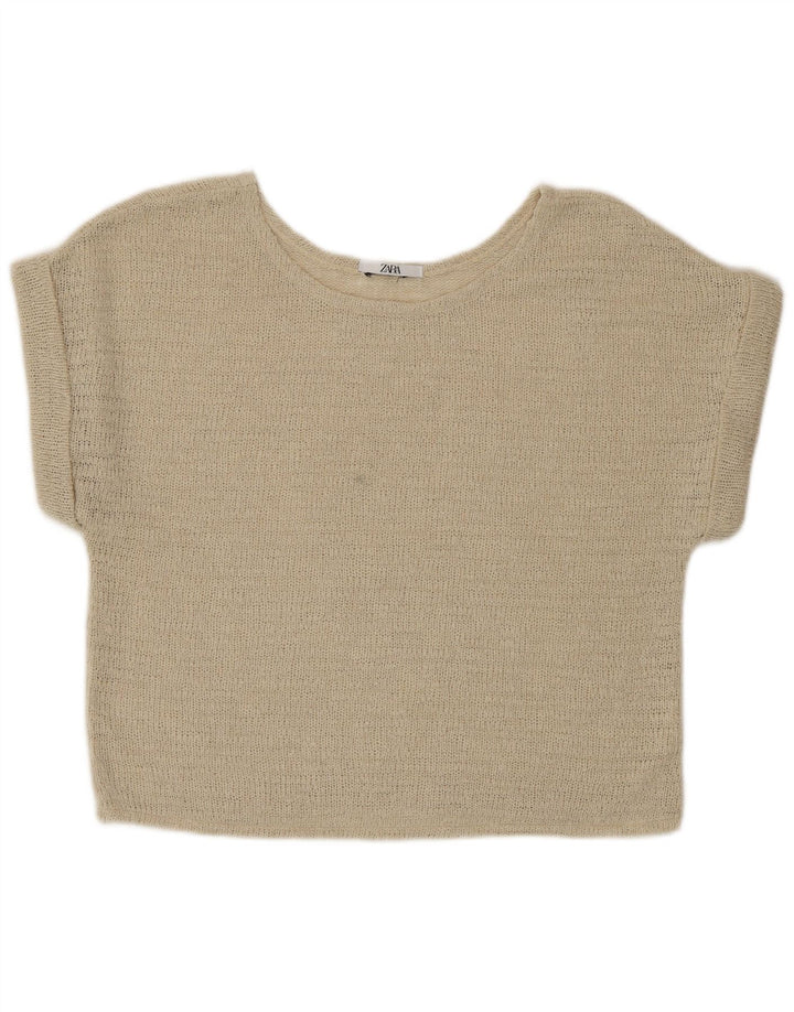 Zara ženski gornji dio kratke pletene bluze UK 16 Large Beige