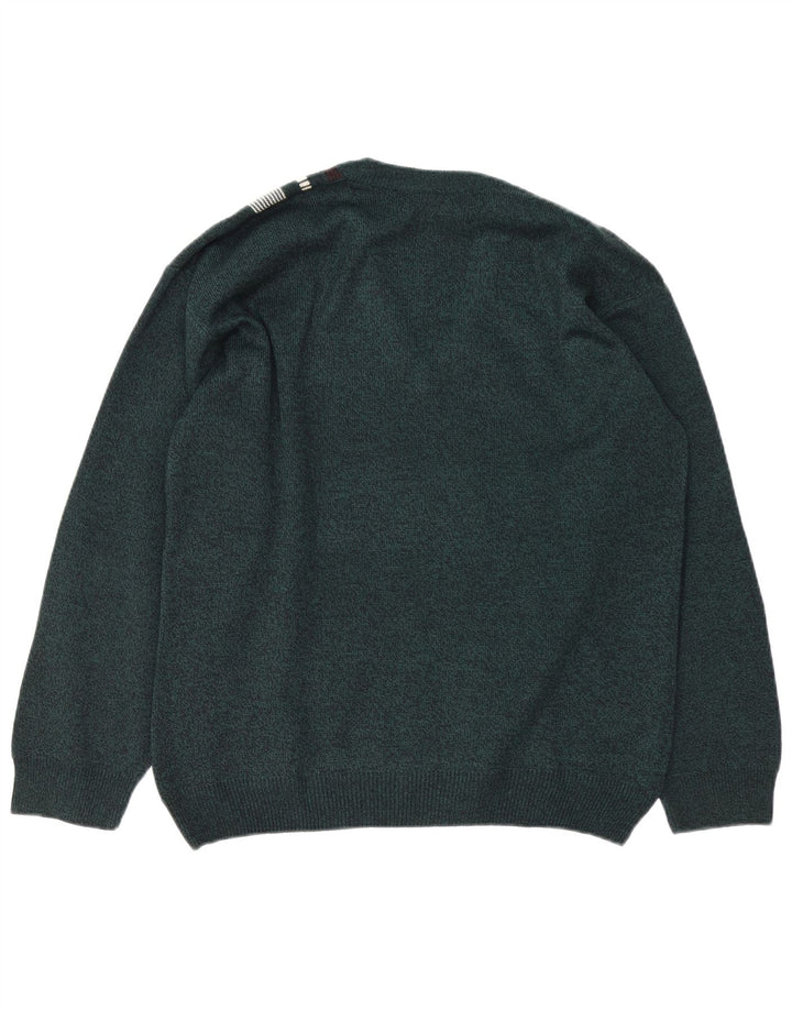 VINTAGE muški džemper s V-izrezom, veliki akril na zelene pruge