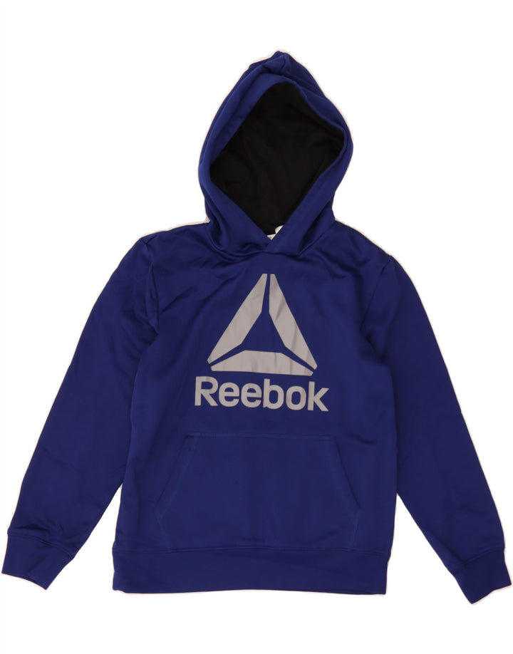 REEBOK Boys Graphic Hoodie Jumper 10-11 Years Large Blue Polyester Vintage Reebok and Second-Hand Reebok from Messina Hembry 