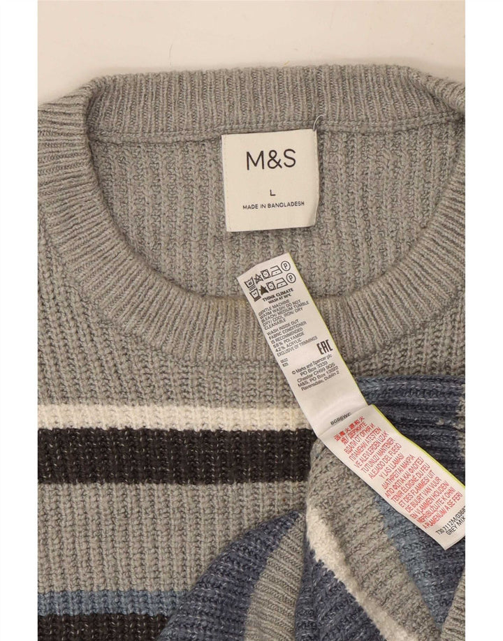 Marks & Spencer muški džemper s okruglim izrezom, veliki sivi prugasti poliester
