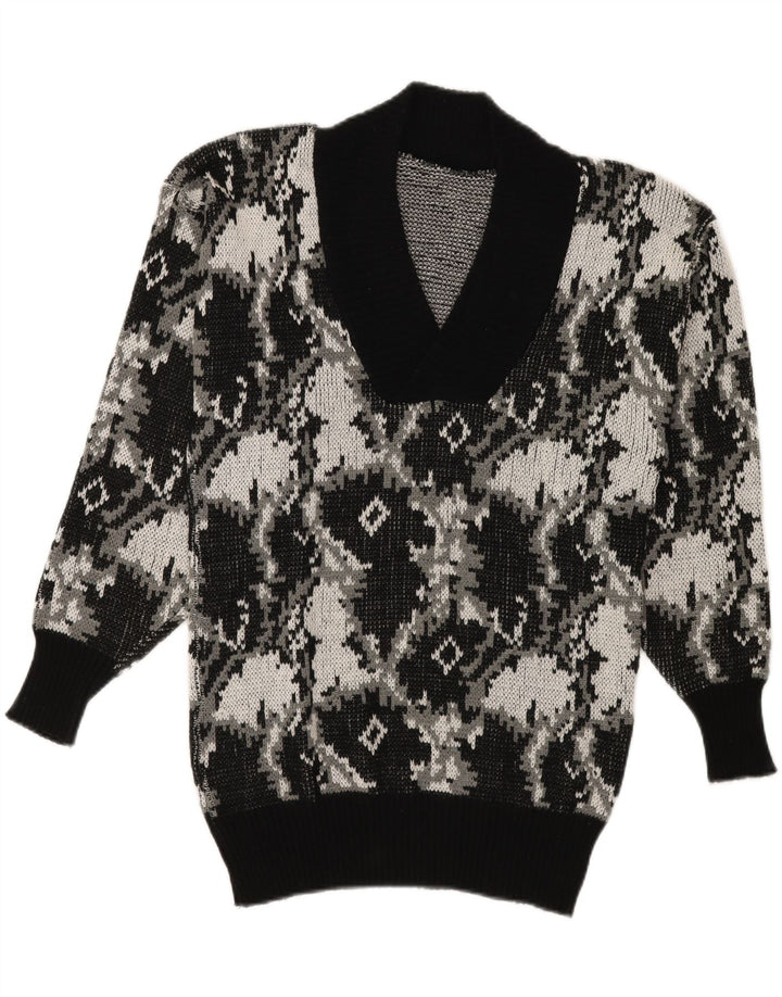 VINTAGE Womens Abstract Pattern V-Neck Jumper Sweater UK 14 Large Black Vintage Vintage and Second-Hand Vintage from Messina Hembry 