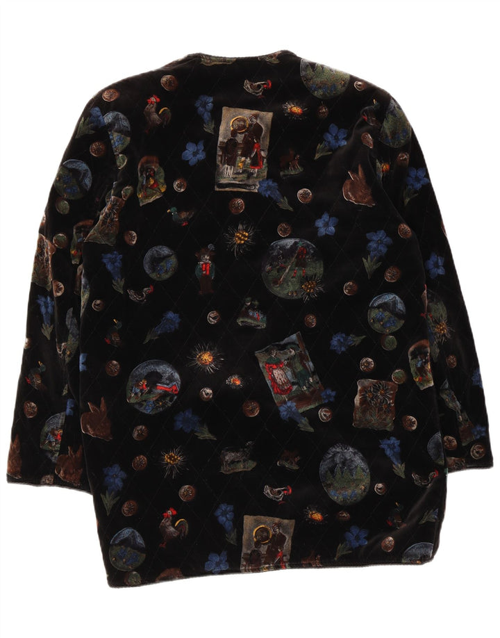 Vintage ženski grafički baršunasti kaput UK 12 srednje crne cvjetne boje