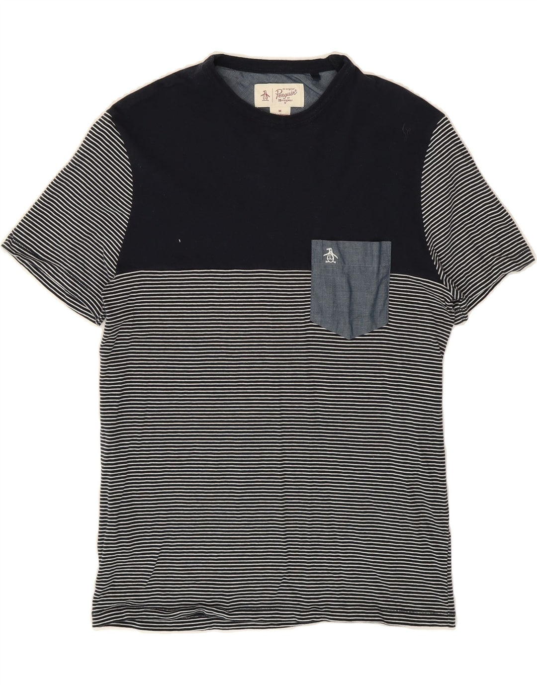 PENGUIN Mens T-Shirt Top Medium Navy Blue Pinstripe Cotton Vintage Penguin and Second-Hand Penguin from Messina Hembry 