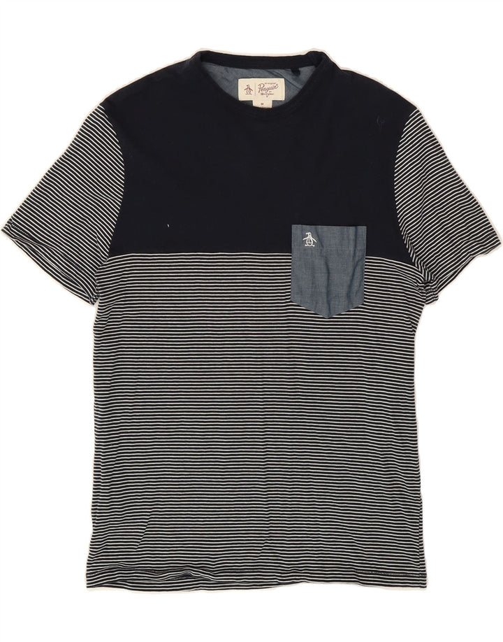 PENGUIN Mens T-Shirt Top Medium Navy Blue Pinstripe Cotton Vintage Penguin and Second-Hand Penguin from Messina Hembry 