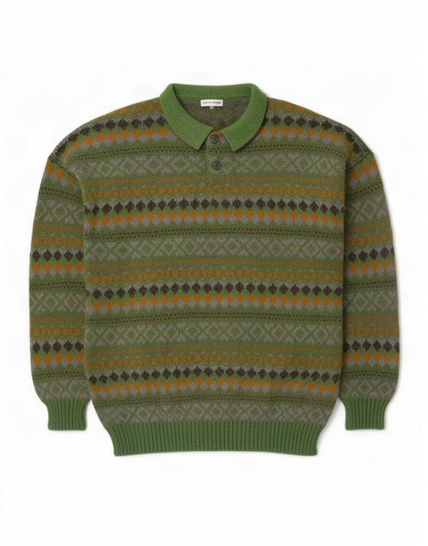 Vintage muški džemper s polo izrezom srednje zelene boje, svijetle vune