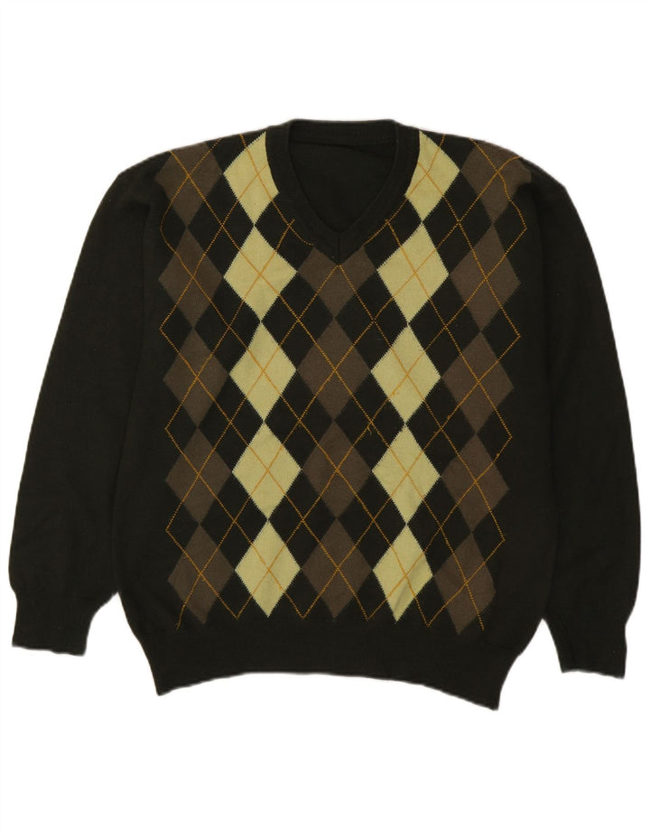 Vintage muški džemper s V-izrezom Srednje zeleni Argyle/Diamond