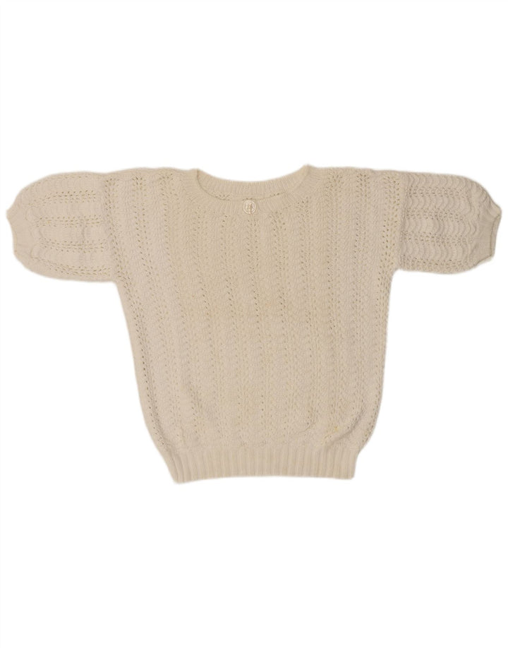 VINTAGE ženski džemper s okruglim izrezom kratkih rukava UK 14 Srednje bijeli