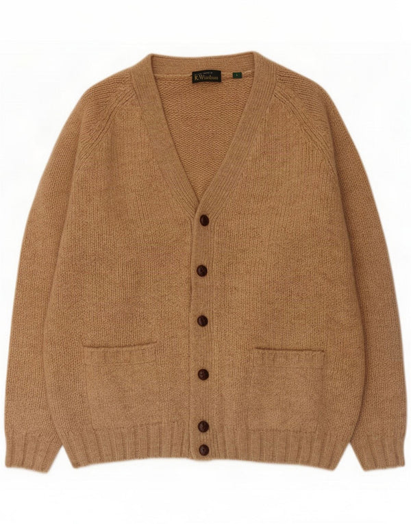 Vintage Mens Loose Fit Cardigan Sweater Large Beige Wool
