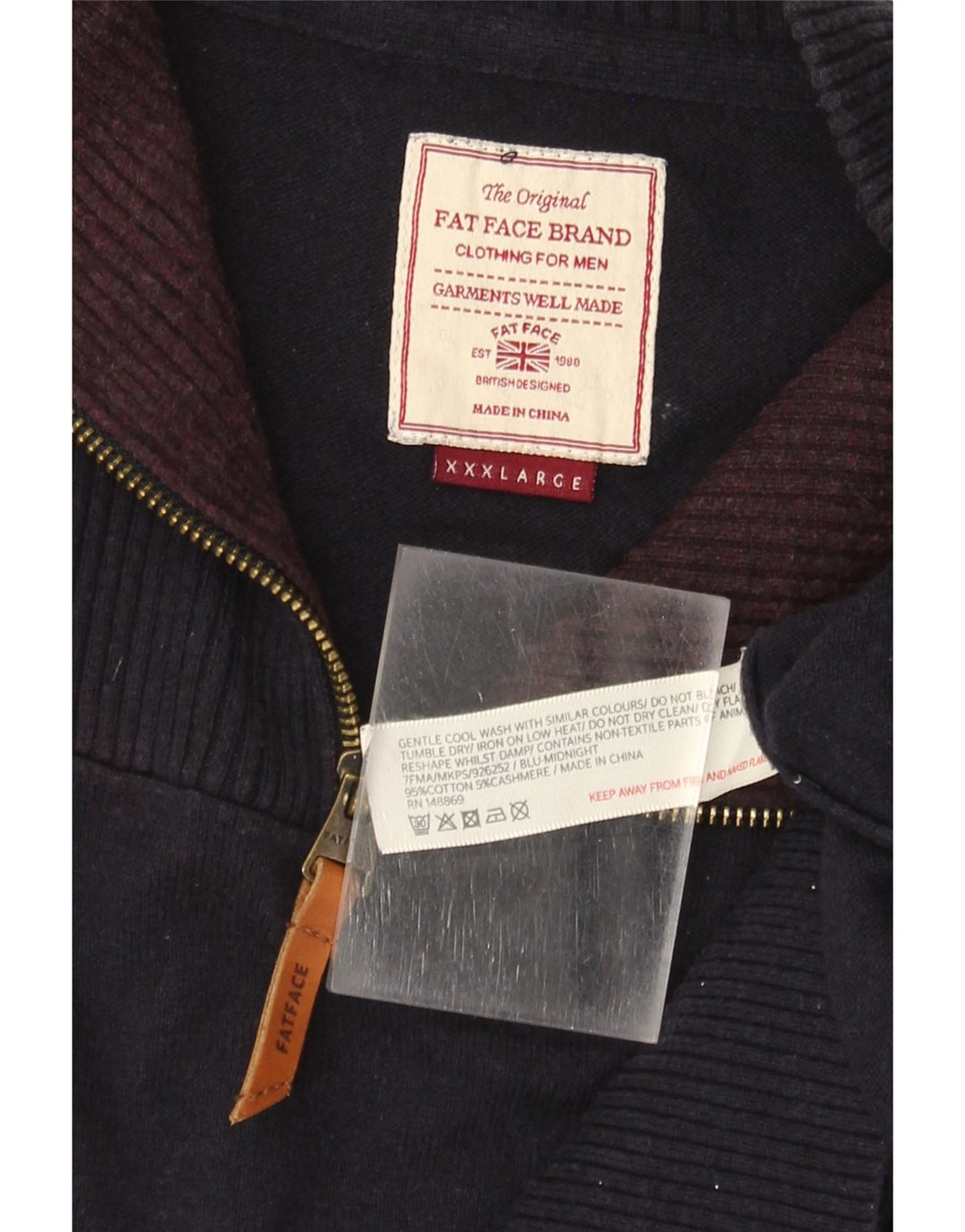 FAT FACE Muški pulover s izrezom i patentnim zatvaračem 3XL tamnoplavi pamuk