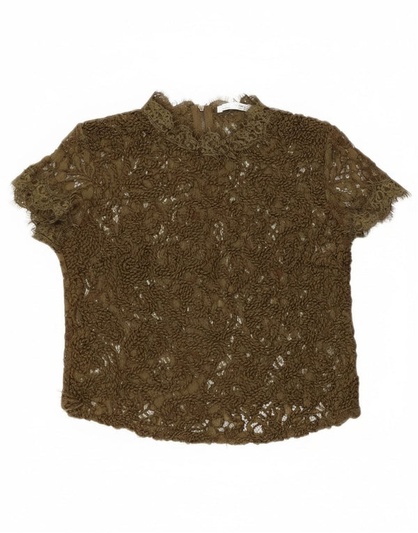 Zara Womens Lace See Through Blouse Top UK 8 Small Khaki
