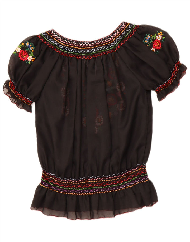 VINTAGE ženski gornji dio prozirne bluze UK 16 Veliki crni cvjetni