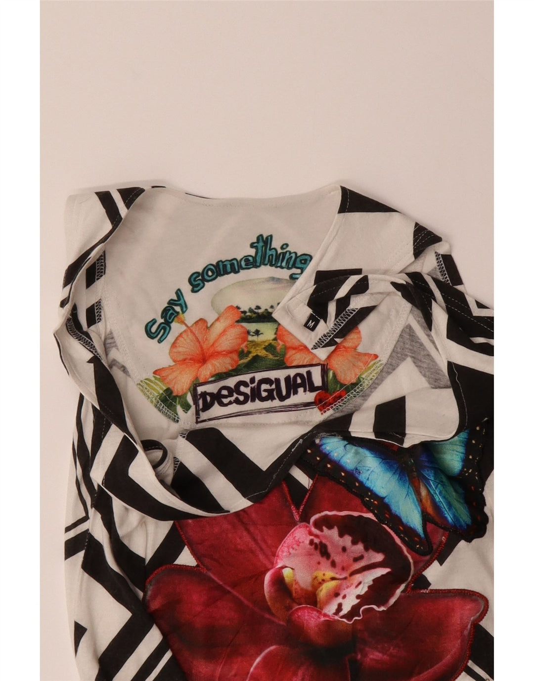 DESIGUAL Womens Asymmetric Tunic Top UK 12 Medium White Geometric Vintage Desigual and Second-Hand Desigual from Messina Hembry 
