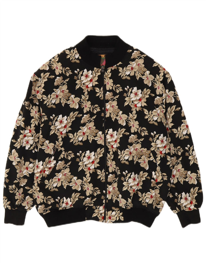 Vintage ženska bomber jakna širokog kroja UK 14 Srednji crni cvjetni poliester