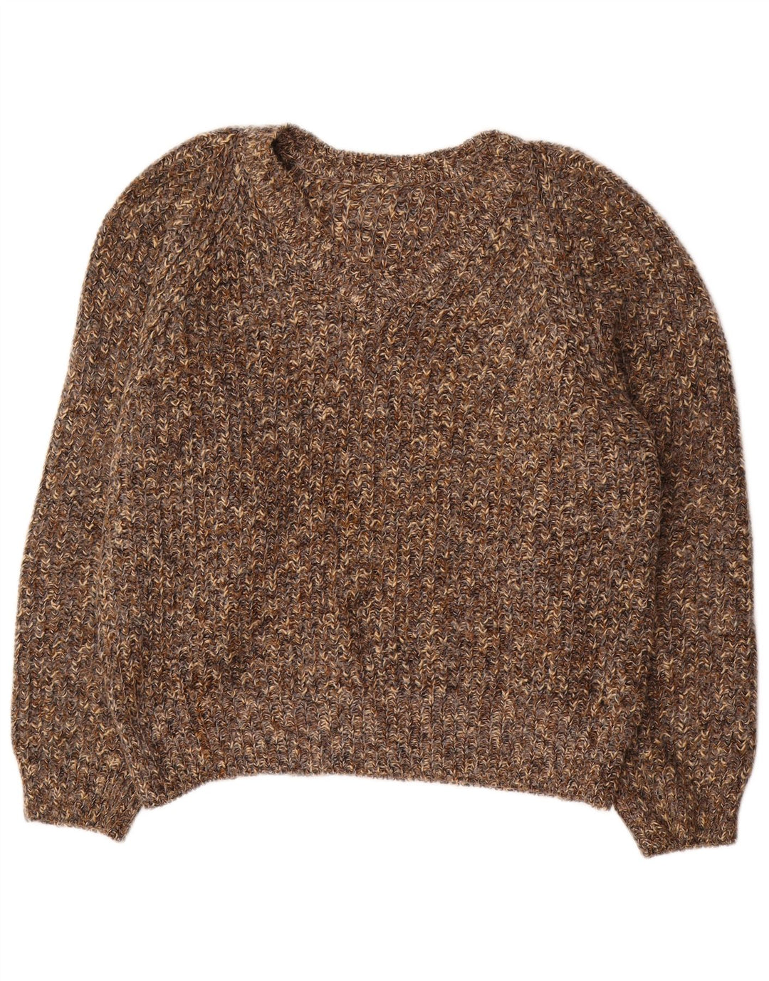 VINTAGE ženski veliki džemper s V-izrezom UK 18 XL Smeđi pjegavi